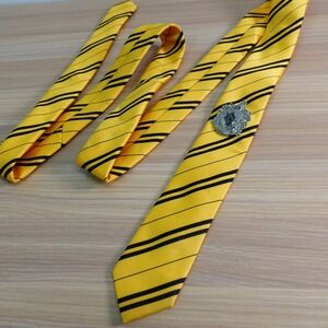Hufflepuff Neck Tie Mens Yellow Black Repp Stripe Pin Badge Cosplay Skinny Slim